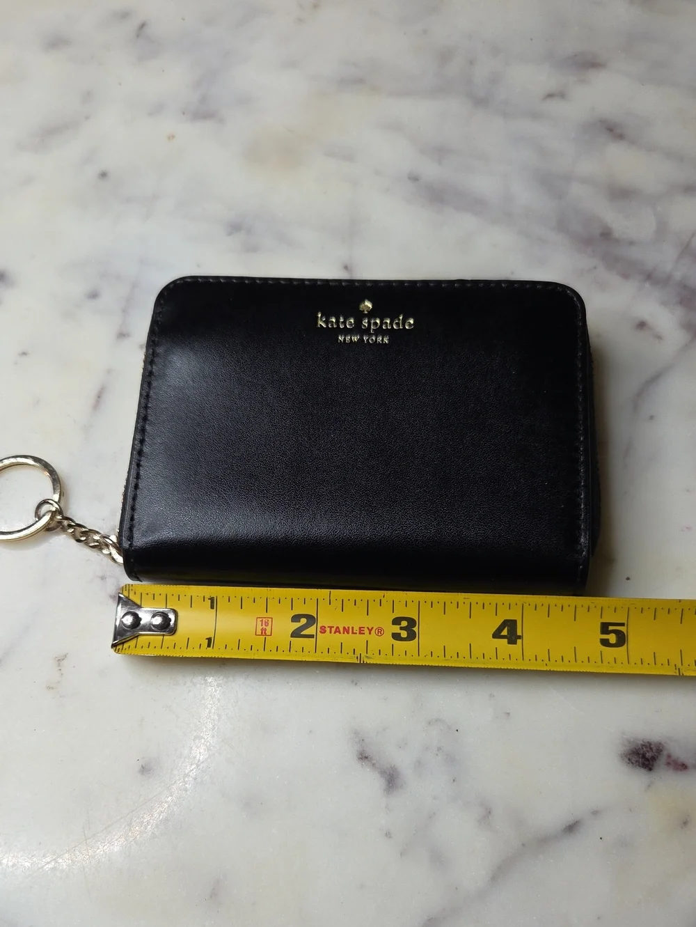 kate spade Black Leather Zip Key & Card Holder with Gold Hardware